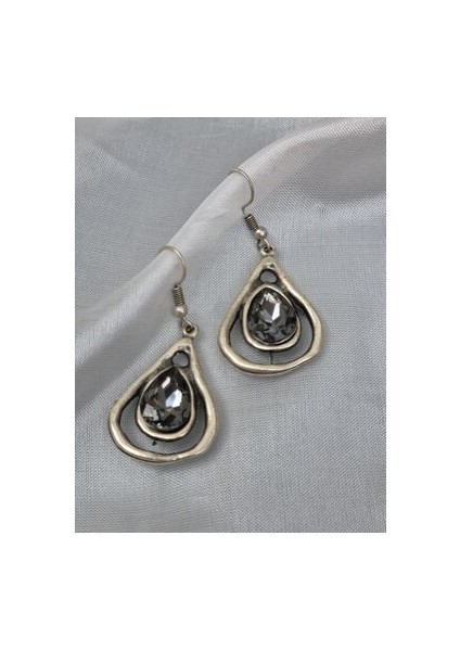 Antrasit Renk Küpe Damla Gümüş Kaplama El Yapımı Vintage Tarz