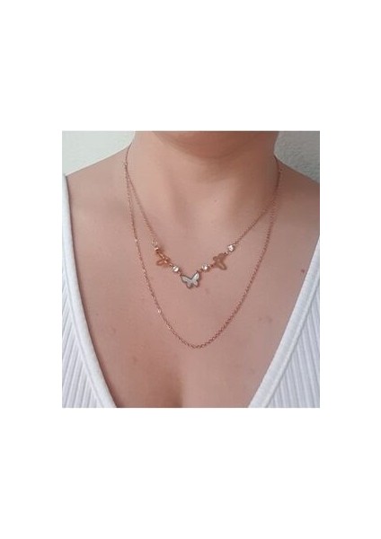 Kelebekli Sedefli 2li Çelik Kolye Klasik Tarz Model Rose