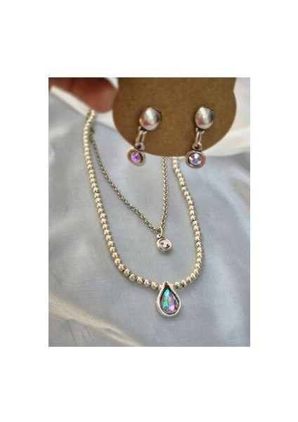 Gümüş Çoklu Kolye Ebruli Gümüş Renk Taşlı Şık Ürün..antik Gümüş Kaplama Vintage