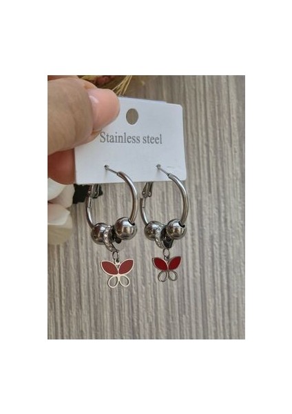 Kırmızı Kelebek Taşlı Küpe Halka Küpe Çeliktir indirimleri