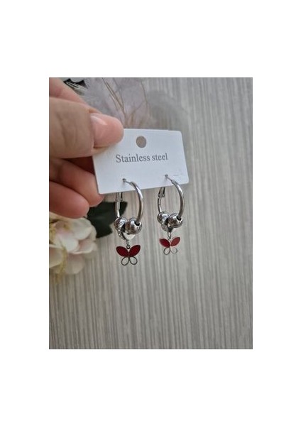 Kırmızı Kelebek Taşlı Küpe Halka Küpe Çeliktir