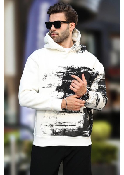 Ekru Kapüşonlu Desenli Cep Detaylı Erkek Sweatshirt 7059