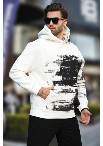 Ekru Kapüşonlu Desenli Cep Detaylı Erkek Sweatshirt 7059 modelleri