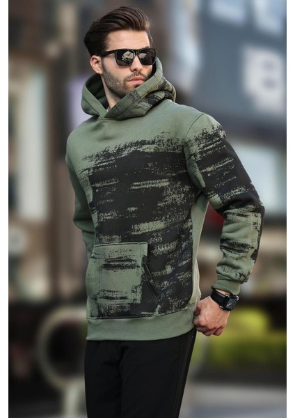 Haki Kapüşonlu Desenli Cep Detaylı Erkek Sweatshirt 7059