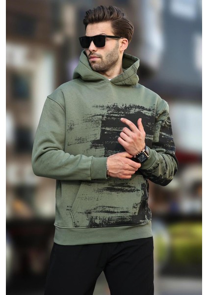 Haki Kapüşonlu Desenli Cep Detaylı Erkek Sweatshirt 7059