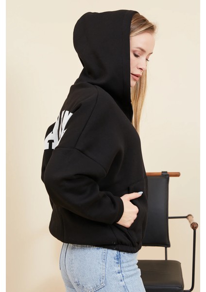 Kadın Yarasa Kol Fermuarlı Cepli Kapüşonlu Sweatshirt Siyah ZN5119