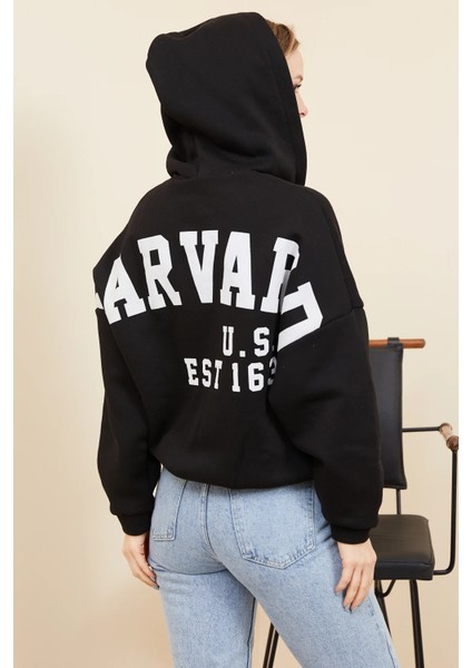 Kadın Yarasa Kol Fermuarlı Cepli Kapüşonlu Sweatshirt Siyah ZN5119