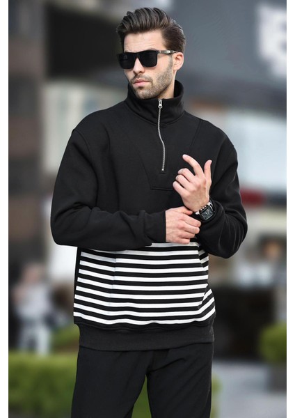 Siyah Fermuar Yakalı Çizgili Sweatshirt 7056