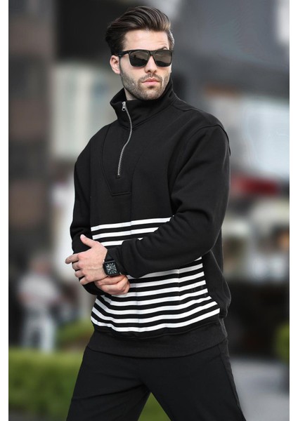 Siyah Fermuar Yakalı Çizgili Sweatshirt 7056 modelleri
