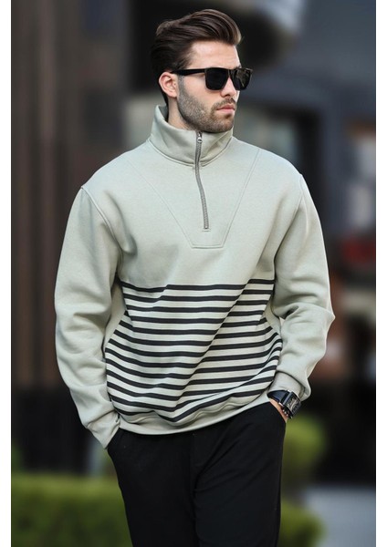 Çağla Yeşili Fermuar Yakalı Çizgili Sweatshirt 7056