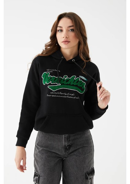 Kadın Kanguru Cep Baskılı Üç Ip Içi Şardonlu Sweatshirt Siyah ZN5086