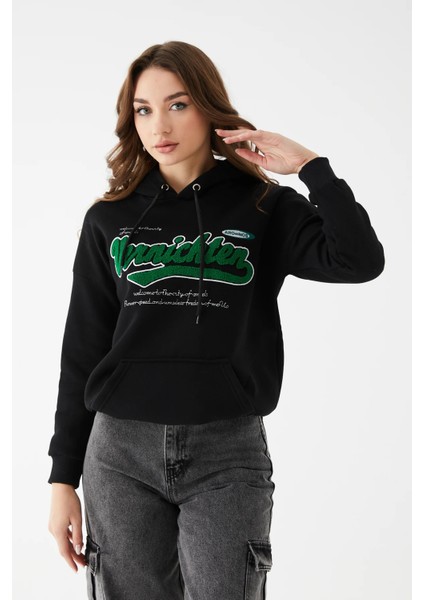 Kadın Kanguru Cep Baskılı Üç Ip Içi Şardonlu Sweatshirt Siyah ZN5086