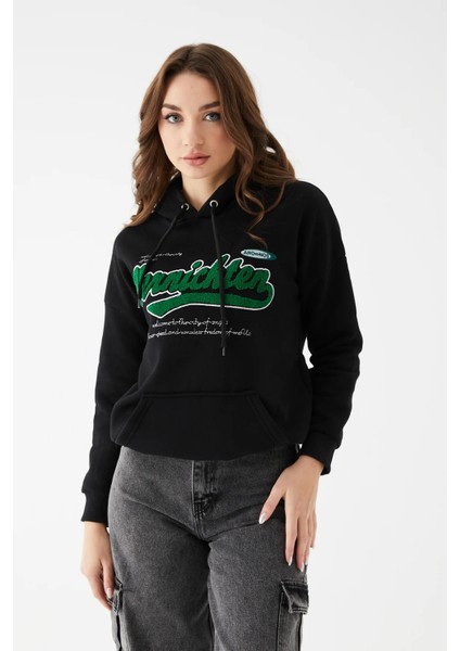 Kadın Kanguru Cep Baskılı Üç Ip Içi Şardonlu Sweatshirt Siyah ZN5086