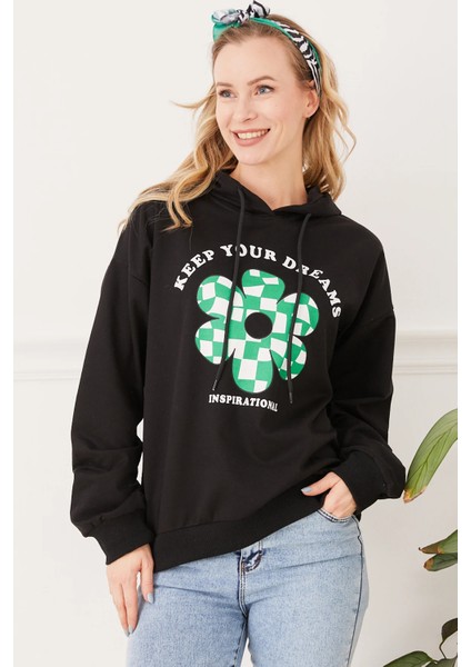 Kadın Çiçek Desenli Kapüşonlu Sweatshirt Siyah ZN5059
