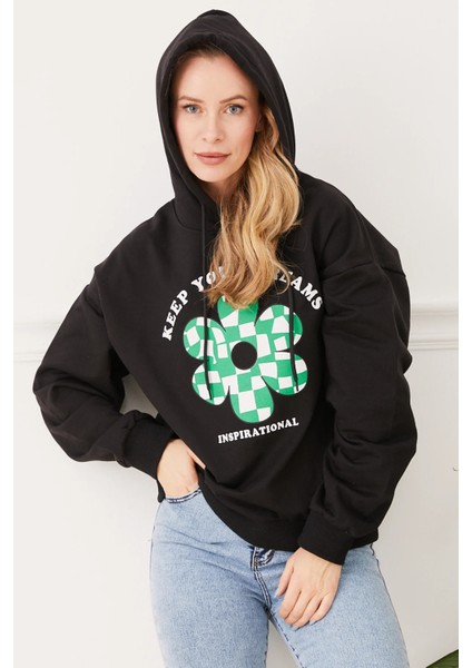 Kadın Çiçek Desenli Kapüşonlu Sweatshirt Siyah ZN5059 modelleri