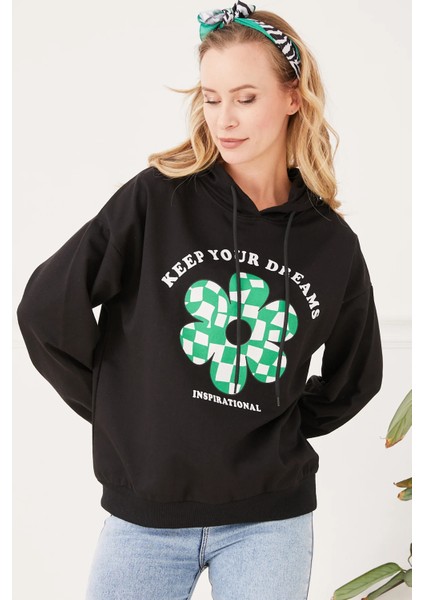 Kadın Çiçek Desenli Kapüşonlu Sweatshirt Siyah ZN5059 fırsatları