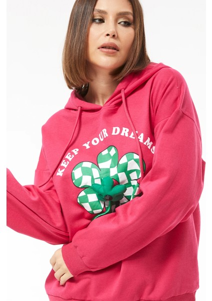 Kadın Çiçek Desenli Kapüşonlu Sweatshirt Fuşya ZN5059