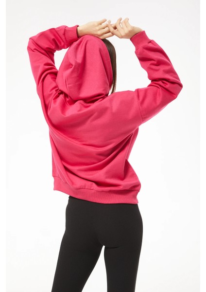 Kadın Çiçek Desenli Kapüşonlu Sweatshirt Fuşya ZN5059
