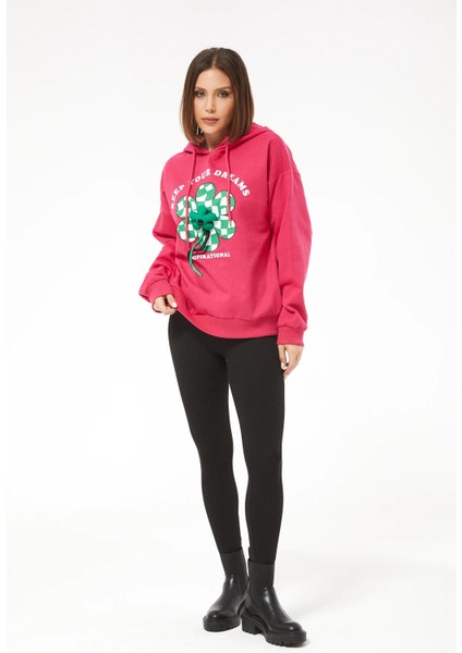 Kadın Çiçek Desenli Kapüşonlu Sweatshirt Fuşya ZN5059
