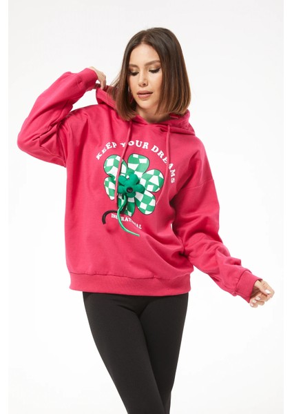 Kadın Çiçek Desenli Kapüşonlu Sweatshirt Fuşya ZN5059
