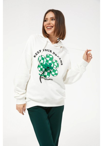 Kadın Çiçek Desenli Kapüşonlu Sweatshirt Ekru ZN5059