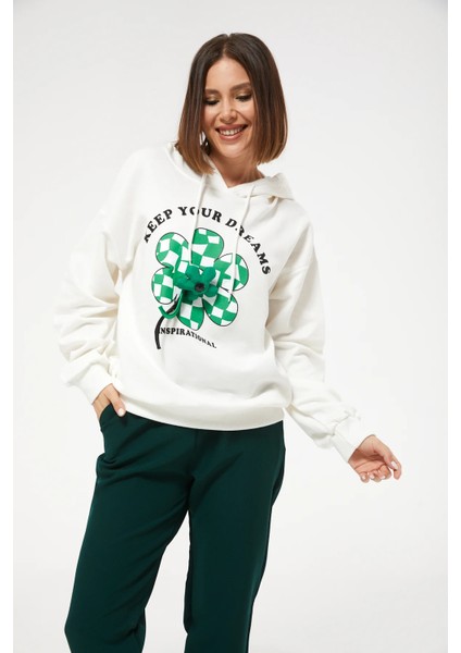 Kadın Çiçek Desenli Kapüşonlu Sweatshirt Ekru ZN5059