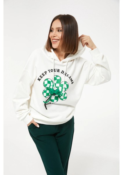 Kadın Çiçek Desenli Kapüşonlu Sweatshirt Ekru ZN5059