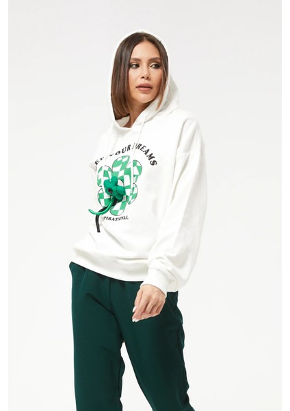 Kadın Çiçek Desenli Kapüşonlu Sweatshirt Ekru ZN5059