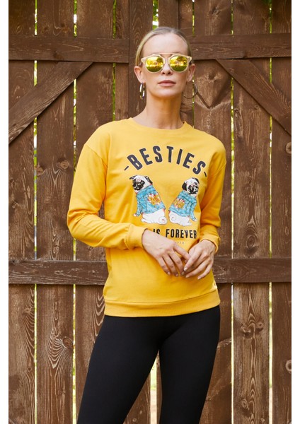 Kadın Baskılı Sweatshirt Sarı ZN5048