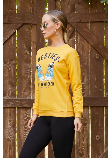 Kadın Baskılı Sweatshirt Sarı ZN5048