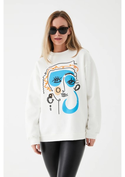 Kadın Desenli Sweatshirt Beyaz ZN5047