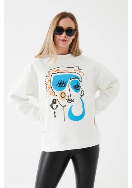 Kadın Desenli Sweatshirt Beyaz ZN5047