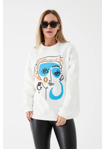 Kadın Desenli Sweatshirt Beyaz ZN5047