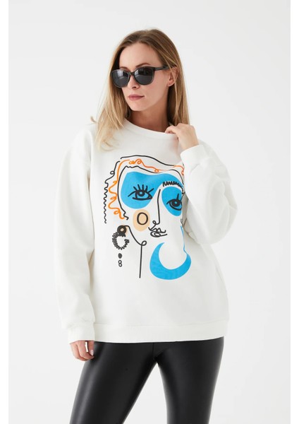 Kadın Desenli Sweatshirt Beyaz ZN5047