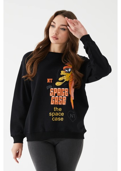 Kadın Sıfır Yaka Baskılı Üç Ip Içi Şardonlu Sweatshirt Siyah ZN5110