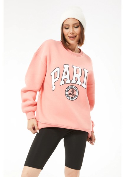 Kadın Paris Baskılı Üç Iplik Sweatshirt Yavruağzı Yavruağzı ZN5107