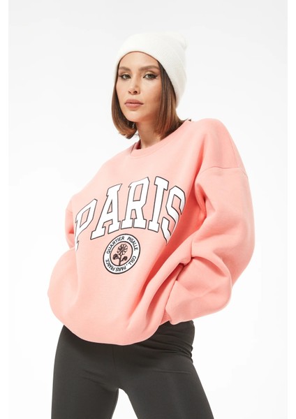 Kadın Paris Baskılı Üç Iplik Sweatshirt Yavruağzı Yavruağzı ZN5107