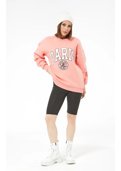 Kadın Paris Baskılı Üç Iplik Sweatshirt Yavruağzı Yavruağzı ZN5107