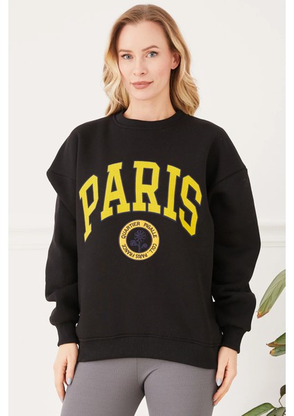 Kadın Paris Baskılı Üç Iplik Sweatshirt Siyah Siyah ZN5107