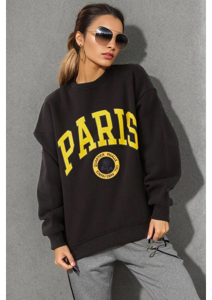 Kadın Paris Baskılı Üç Iplik Sweatshirt Siyah Siyah ZN5107