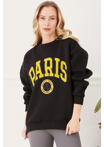 Kadın Paris Baskılı Üç Iplik Sweatshirt Siyah Siyah ZN5107