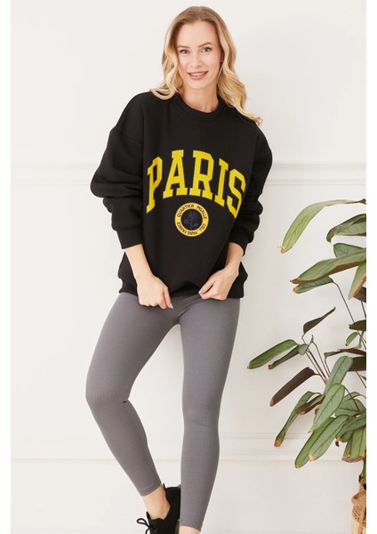 Kadın Paris Baskılı Üç Iplik Sweatshirt Siyah Siyah ZN5107