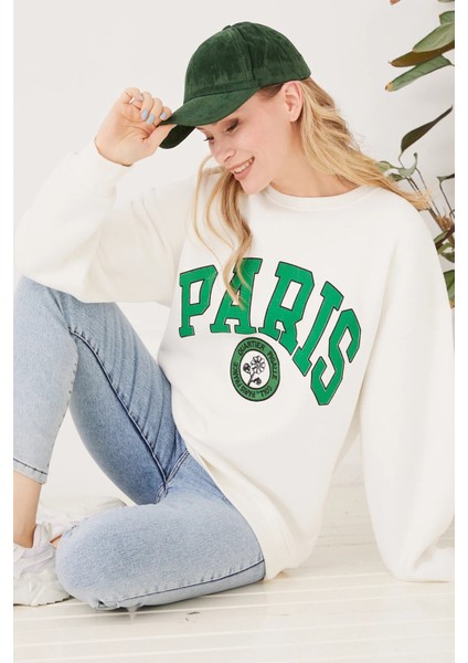 Kadın Paris Baskılı Üç Iplik Sweatshirt Ekru Ekru ZN5107