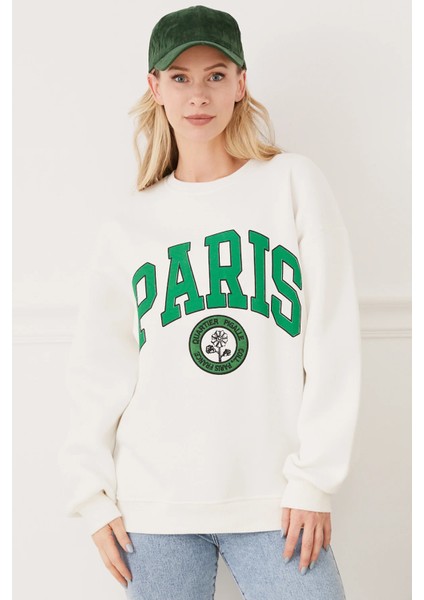 Kadın Paris Baskılı Üç Iplik Sweatshirt Ekru Ekru ZN5107