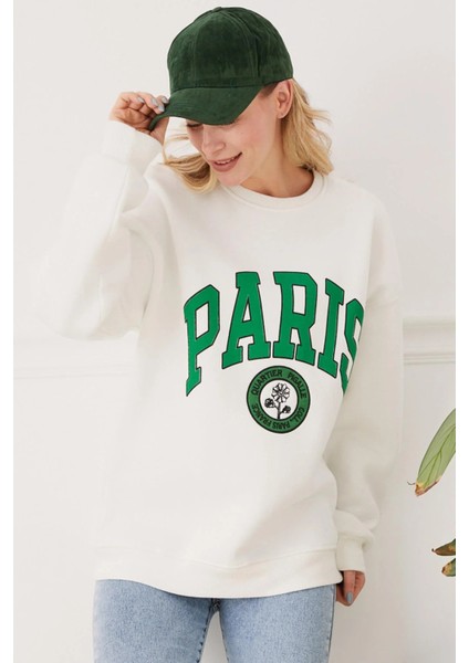 Kadın Paris Baskılı Üç Iplik Sweatshirt Ekru Ekru ZN5107