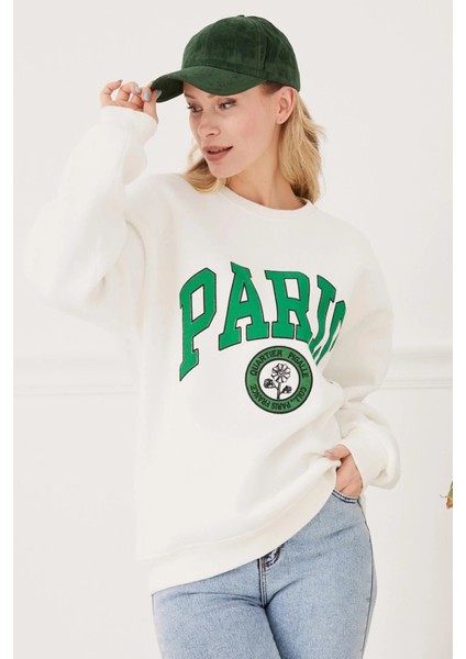 Kadın Paris Baskılı Üç Iplik Sweatshirt Ekru Ekru ZN5107