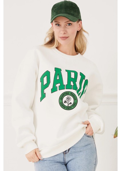 Kadın Paris Baskılı Üç Iplik Sweatshirt Ekru Ekru ZN5107