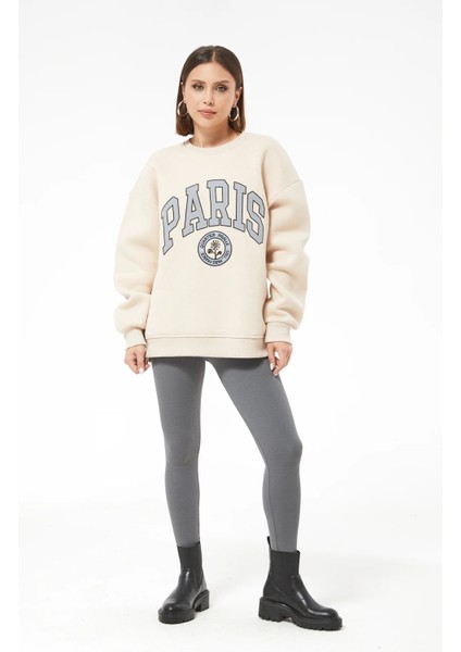 Go Veform Kadın Paris Baskılı Üç Iplik Sweatshirt Bej  Bej ZN5107