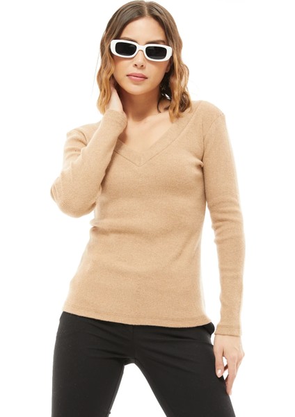 Kadın V Yaka Uzun Kollu Bluz Camel ZN5116