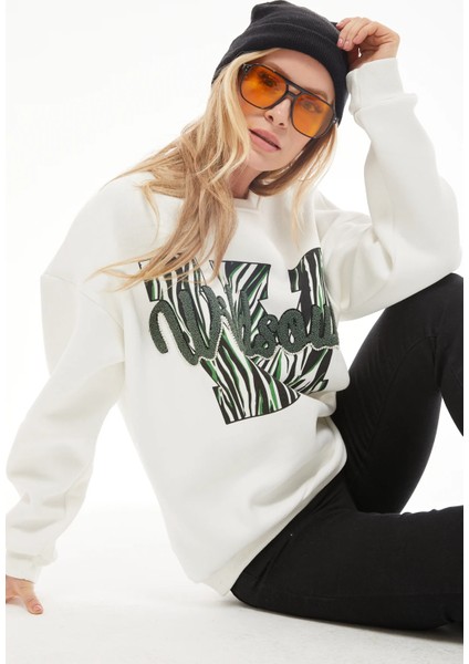 Kadın Nakışlı Üç Iplik Sweatshirt Ekru ZN5099